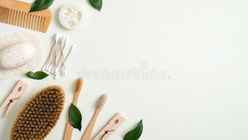 Zero waste bathroom accessories. Eco store banner template with bamboo toothbrushes, hair comb, bath peeling brush, luffa sponge