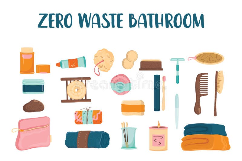 Zero waste bathroom set. Collection of eco elements for people stock illustration