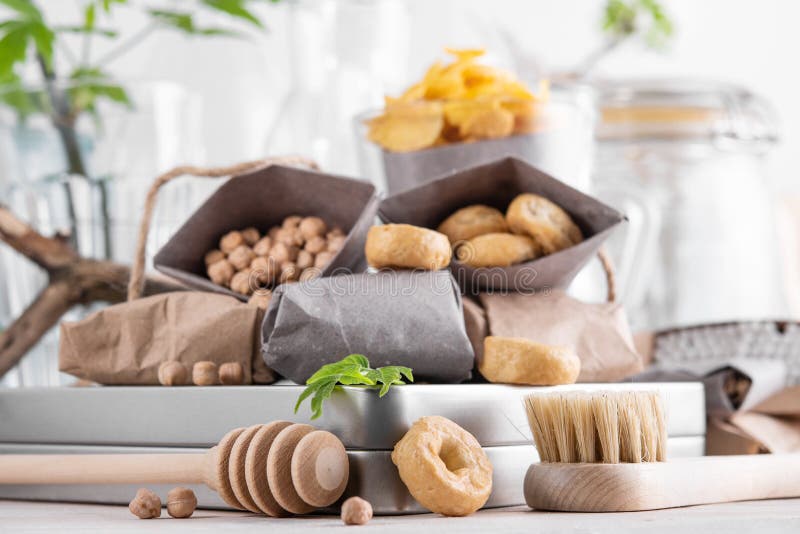 Zero Waste Concept, Plastic Free. Set of Natural Kitchen Accessories