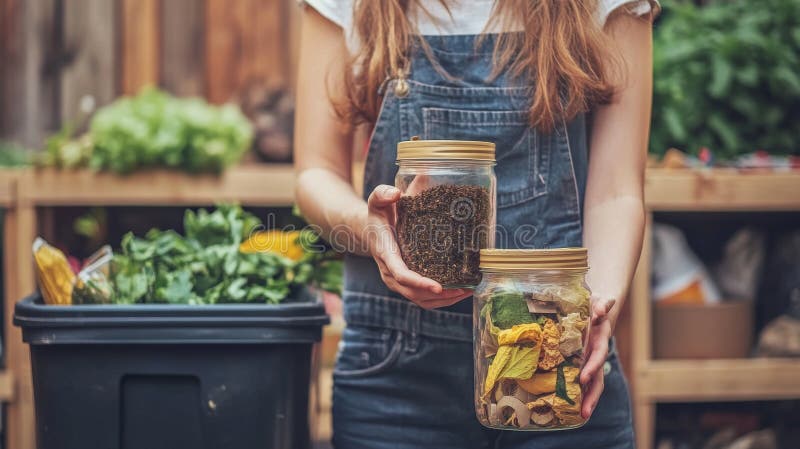 Zero Waste Enthusiast Holding Jar of Compost in Eco-Friendly Setting stock image