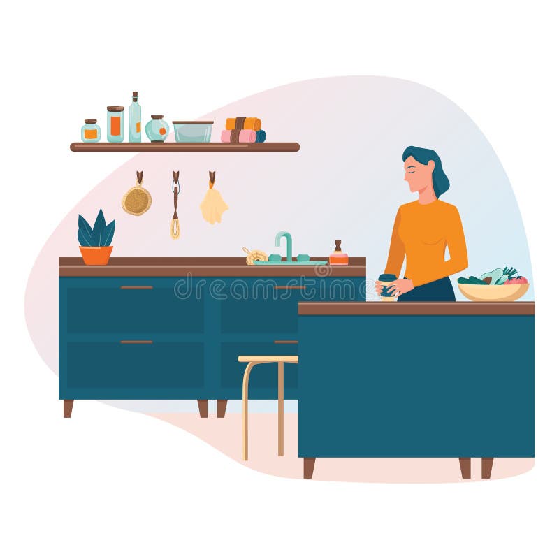 Zero waste kitchen concept. Woman standing at the kitchen table vector illustration