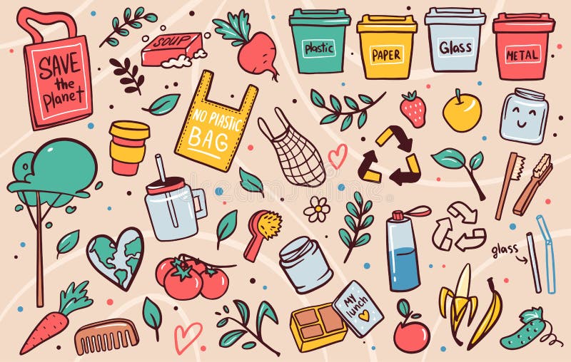 Zero waste lifestyle flat vector illustrations set stock illustration