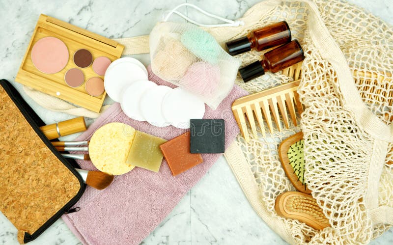 Zero-waste, plastic-free beauty and makeup products flatlay overhead. royalty free stock images Zero-waste, plastic-free beauty and makeup products flatlay overhead. royalty free stock images