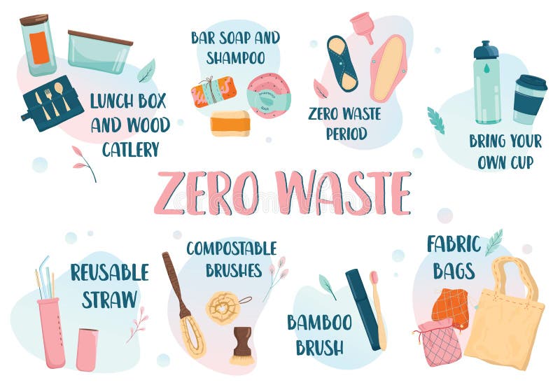 Zero waste web banner, eco tips infographic. Lifestyle elements stock illustration