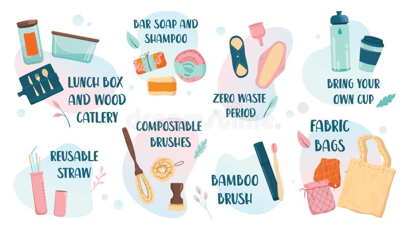 Zero waste web banner, eco tips infographic. Lifestyle elements vector illustration