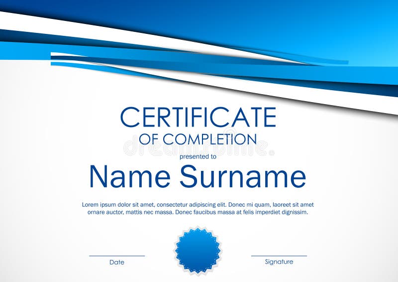 Certificate of completion template with light blue dynamic material background and seal. Vector illustration. Certificate of completion template with light blue dynamic material background and seal. Vector illustration