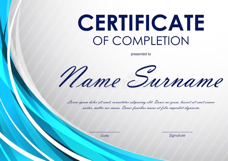 Certificate of completion template with gray slanting stripes pattern and blue light wavy background. Vector illustration. Certificate of completion template with gray slanting stripes pattern and blue light wavy background. Vector illustration