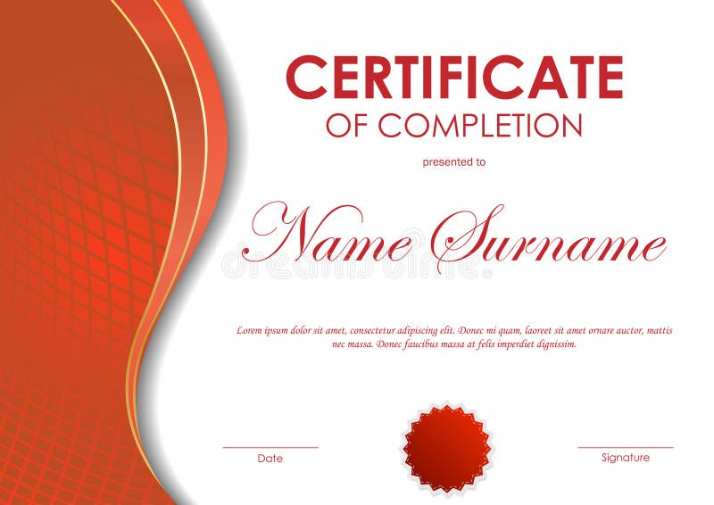 Certificate of completion template with red digital dynamic grid wavy background and seal. Vector illustration. Certificate of completion template with red digital dynamic grid wavy background and seal. Vector illustration