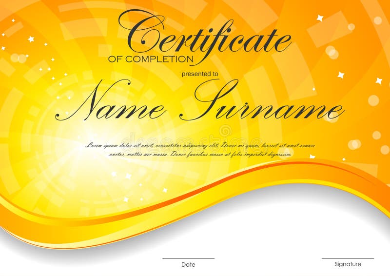 Certificate of completion template with digital orange light wavy swirl background. Vector illustration. Certificate of completion template with digital orange light wavy swirl background. Vector illustration