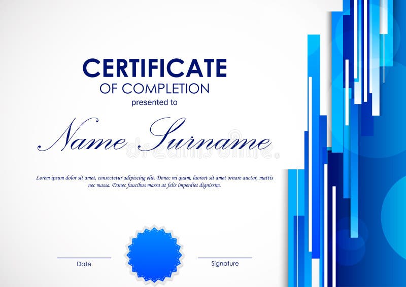 Certificate of completion template with digital blue light straight lines background and seal. Vector illustration. Certificate of completion template with digital blue light straight lines background and seal. Vector illustration