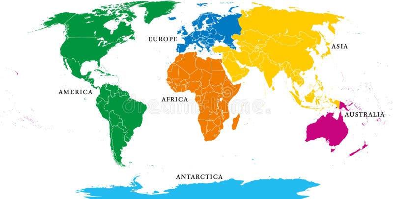 Zes continenten, politieke wereldkaart, met grenzen