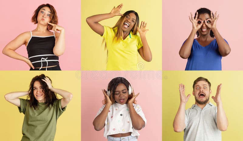 Zes Jongeren Mannen En Vrouwen Maken Grappige Gezichten Die Geïsoleerd Zijn Over De Gekleurde Achtergrond. Stock Foto - Image of vreugde, montage: 227170614 Zes Jongeren Mannen En Vrouwen Maken Grappige Gezichten Die Geïsoleerd Zijn Over De Gekleurde Achtergrond. Stock Foto - Image Of Vreugde, Montage: 227170614