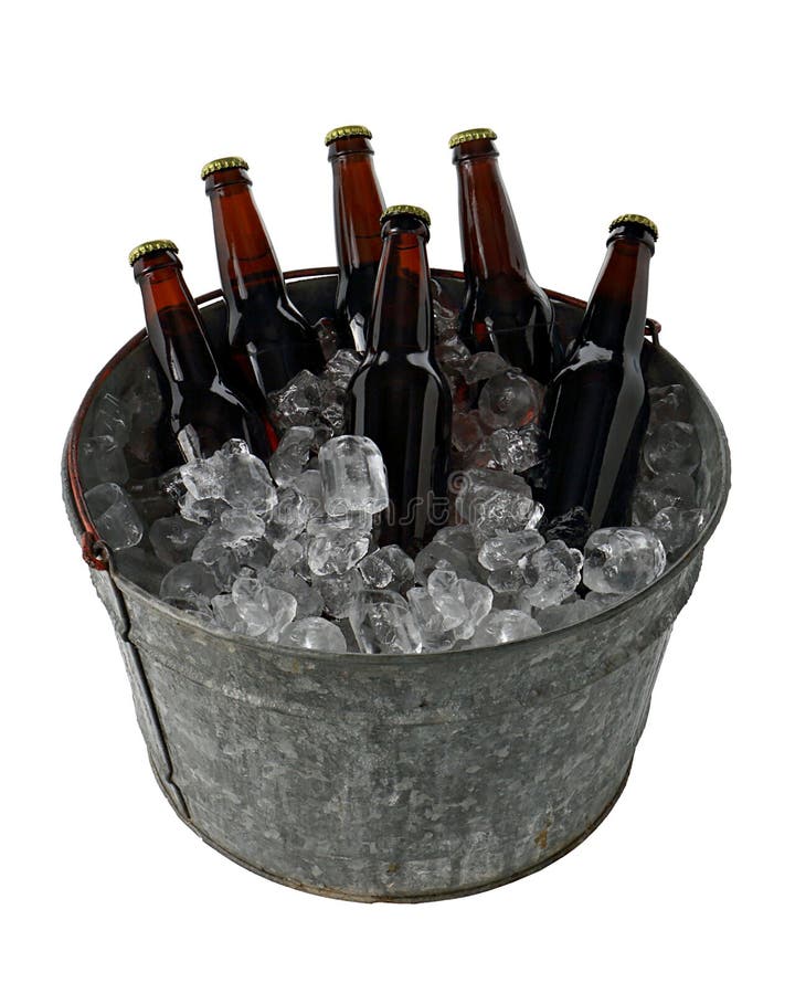 A six pack of homebrew beer in a galvanized steel ice pail. A six pack of homebrew beer in a galvanized steel ice pail.