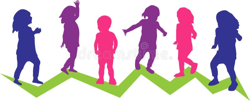 Illustration of six toddler silhouettes moving on a green zigzag line. Illustration of six toddler silhouettes moving on a green zigzag line