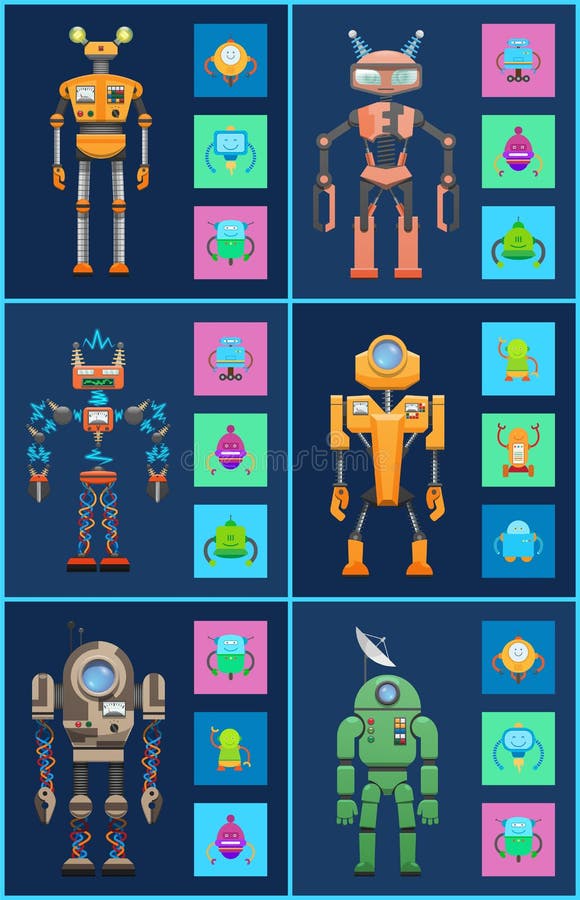 Zes Robots, Geplaatste Pictogrammen, kleuren Vectorillustraties stock illustratie Zes Robots, Geplaatste Pictogrammen, kleuren Vectorillustraties stock illustratie