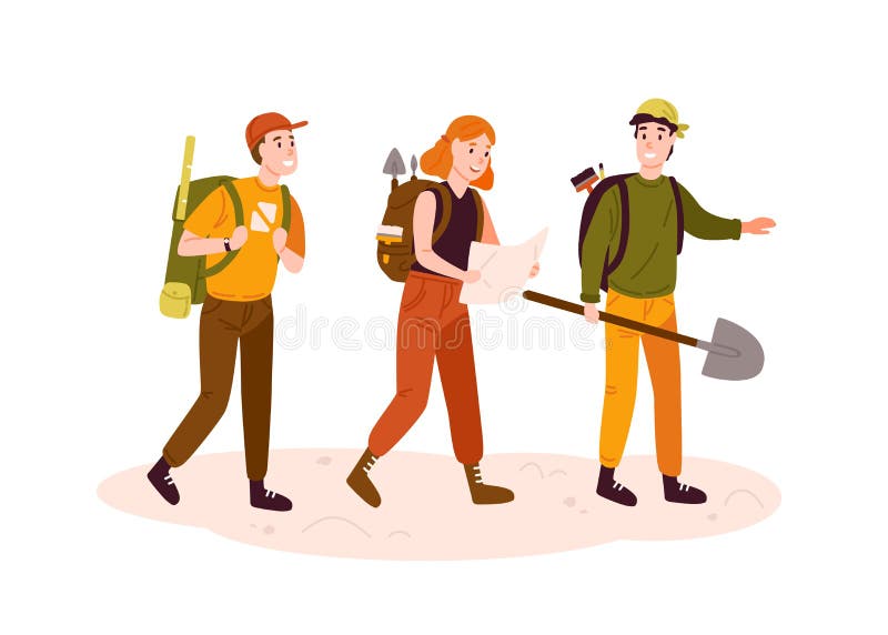Zespół archeologów, naukowcy tworzą płaską ilustrację wektorową Podekscytowani mężczyźni i kobiety z wyposażeniem archeologicznym royalty ilustracja