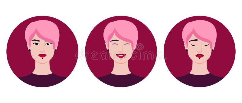 Set of avatars of beautiful informal young woman with pink hair and piercing. Smiling, crying and laughing girl. Vector illustration. Set of avatars of beautiful informal young woman with pink hair and piercing. Smiling, crying and laughing girl. Vector illustration