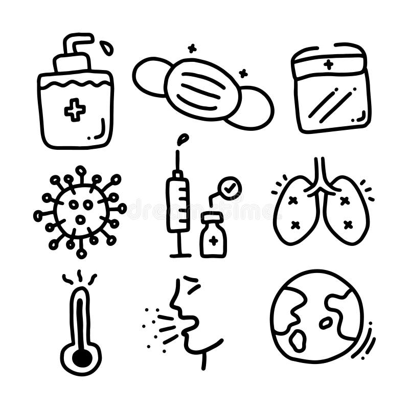 Zestaw bajeczek rysunkowych, wyciągniętych ręcznie z pandemii Covid-19 lub Coronavirus, zapobiegania, infekcji i innych, wektor i ilustracji