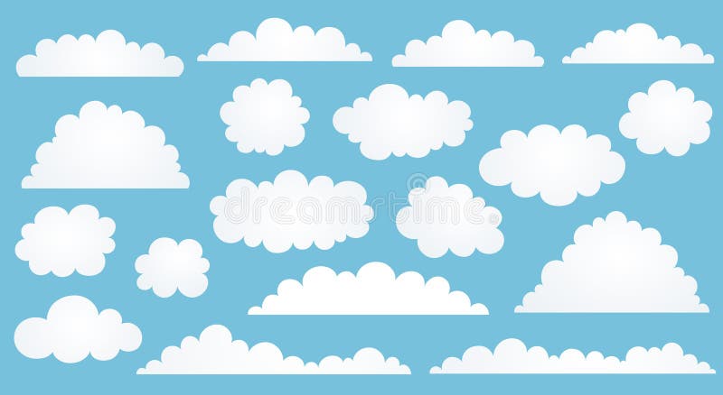 Zestaw białych konstrukcji typu fluffy cloud flat. chmury rysunkowe na niebieskim tle royalty ilustracja