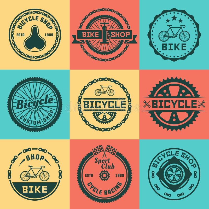 Zestaw bicykli kolorowych, okrągłych znaczków royalty ilustracja
