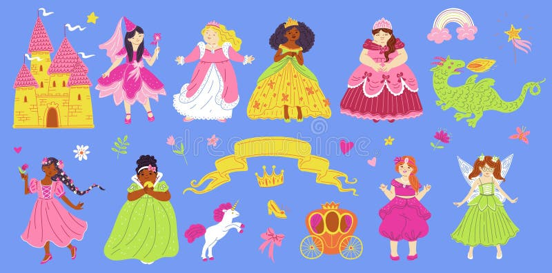 Zestaw bohaterów bajkowych kolekcja pięknych księżniczek zamek smoon brougham wector ilustracje royalty ilustracja