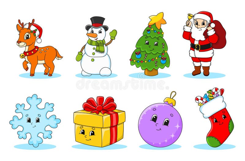 Zestaw bohaterów bożonarodzeniowego uroczego kreskówki Jelenie, bałwan, drzewo, święta klaus, płatki śniegu, prezent, bauble, ska ilustracja wektor Zestaw bohaterów bożonarodzeniowego uroczego kreskówki Jelenie, bałwan, drzewo, święta klaus, płatki śniegu, prezent, bauble, ska ilustracja wektor
