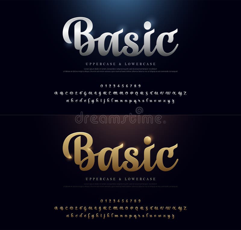 Zestaw eleganckich czcionek alfabetu metalowego w kolorze złotym i srebrnym. typografia klasyczny styl złoty zestaw czcionek dla p ilustracji