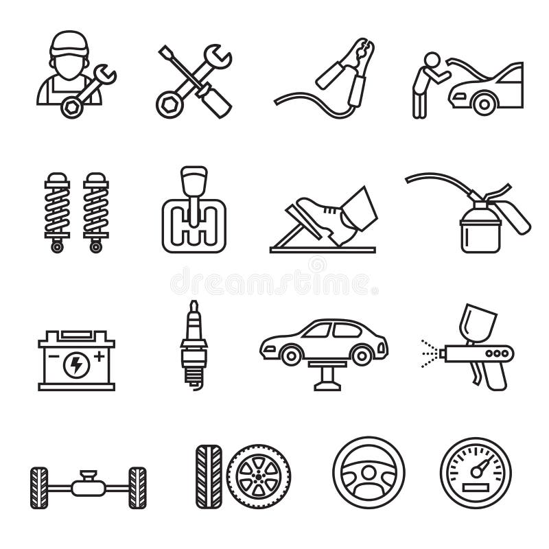 Zestaw ikon automatycznej obsługi samochodu i naprawy mechanicznej silnika i garażu ilustracji