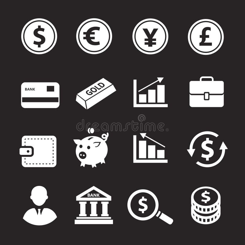Zestaw ikon biznesowych i finansowych, bank, monety, kolekcja walut ilustracja wektor Zestaw ikon biznesowych i finansowych, bank, monety, kolekcja walut ilustracja wektor