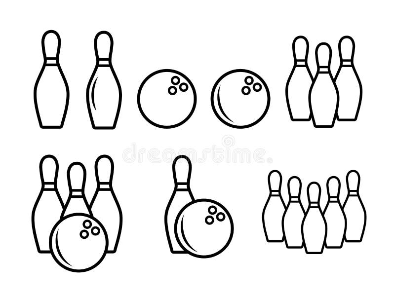 Zestaw ikon konspektu kręgli Proste obiekty sportowe: kulki i szpilki w różnych układach ilustracja wektor