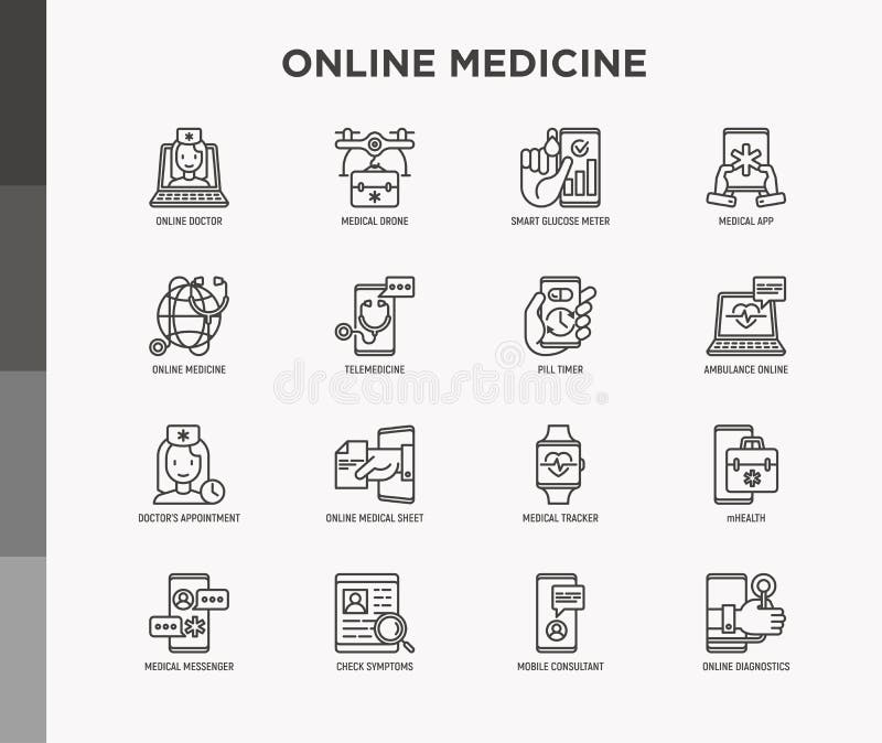 Zestaw ikon linii cienkiej telemedycyny internetowej : pill timer ambulans on-line medyczny dron medyczny tracker mhealth ilustracji