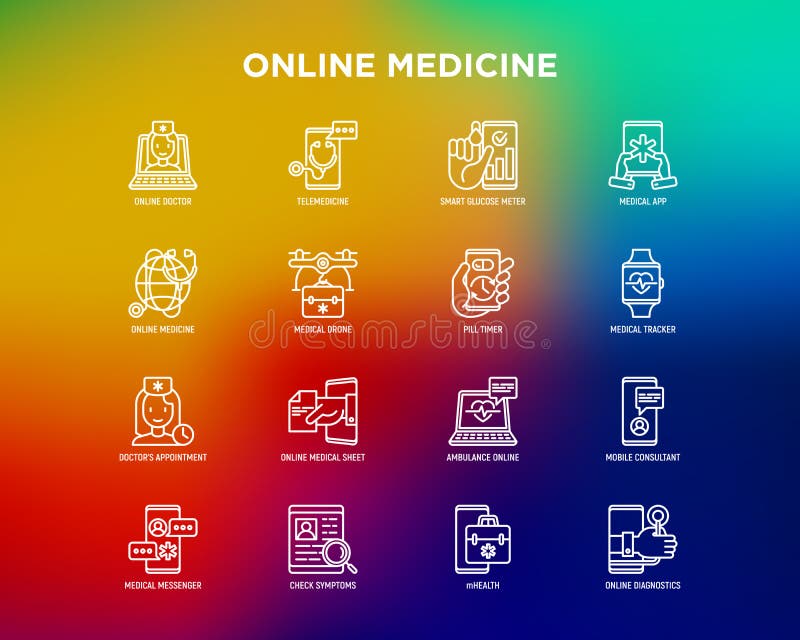 Zestaw ikon linii cienkiej telemedycyny internetowej : pill timer ambulans on-line medyczny dron medyczny tracker mhealth ilustracja wektor