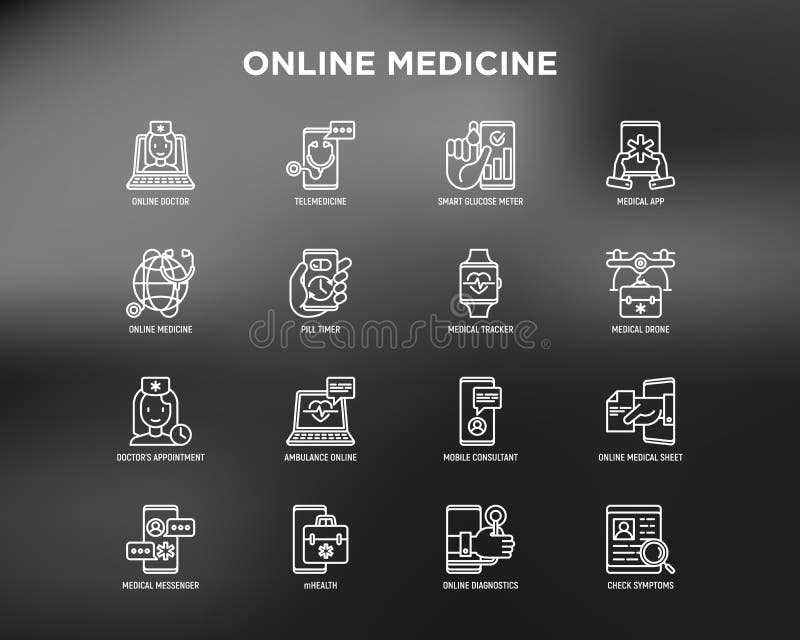 Zestaw ikon linii cienkiej telemedycyny internetowej : pill timer ambulans on-line medyczny dron medyczny tracker mhealth royalty ilustracja