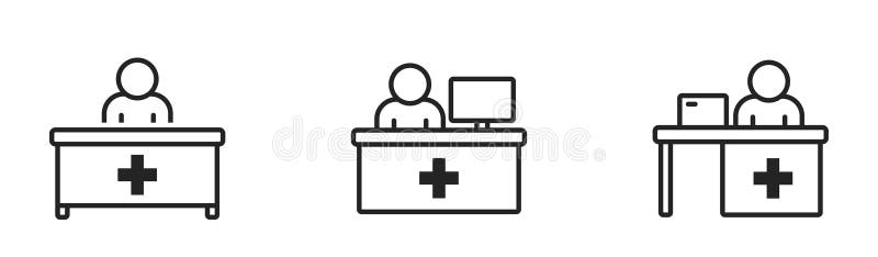 Zestaw ikon linii recepcji klinicznej. recepcjonista szpitalny i gabinet lekarski. izolowane obrazy wektorowe. pojedyncze obrazy wektorowe w prostym stylu.