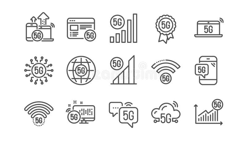 Zestaw ikon linii technologii 5g. połączenie telefoniczne sieć komórkowa szybki internet. sygnał hotspot. wektor royalty ilustracja