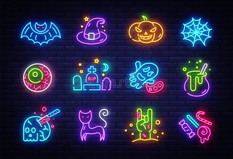 Zestaw ikon neonu Halloween Światła kolekcji Wesołego Halloween Tablice znaków, lekki baner Ikona Neon izolowany, godło ilustracji