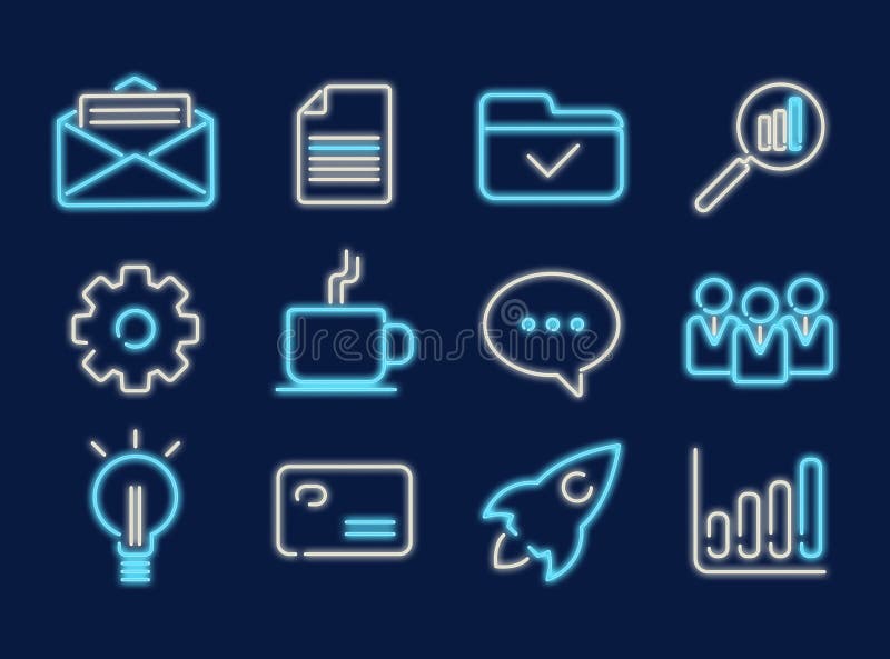 Set of business and technology neon icons on blue background. Set of business and technology neon icons on blue background