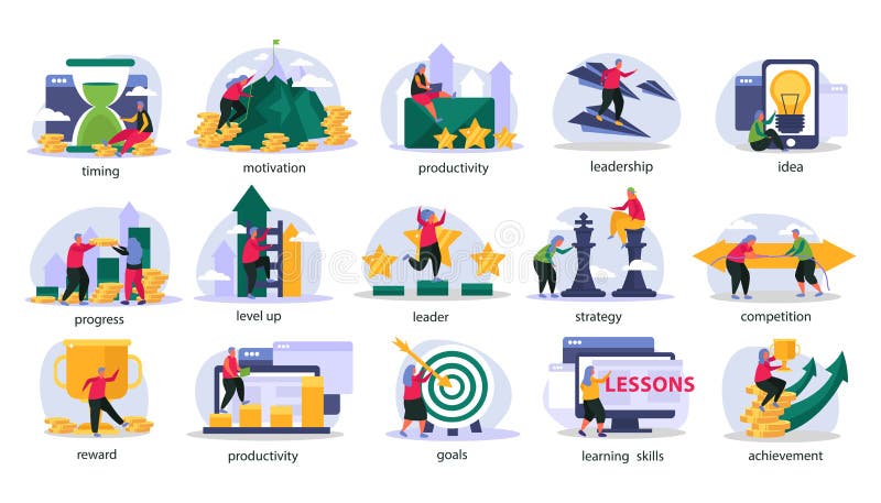 Business gamification flat color icons set illustrated new trend principles in social media marketing isolated vector illustration. Business gamification flat color icons set illustrated new trend principles in social media marketing isolated vector illustration
