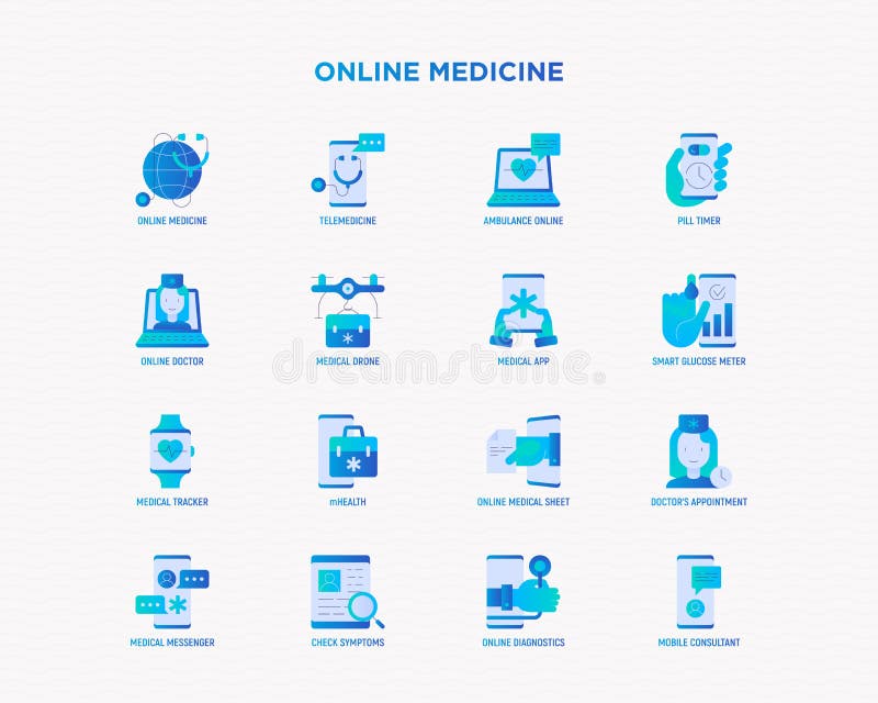 Zestaw ikon płaskich gradientu telemedycyny internetowej : ambulans pigułki ambulans online inteligentny miernik glukozy medyczny ilustracja wektor