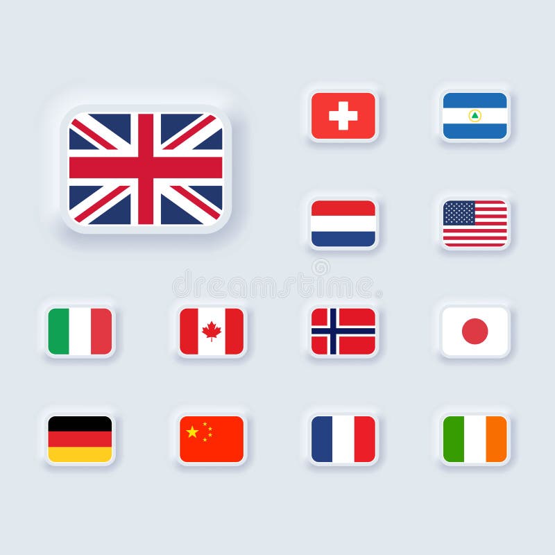 Zestaw ikony flagi. stany zjednoczone włochy china francja kanada japonia irlandia królestwo nikaragua norwegia szwajcaria ilustracja wektor