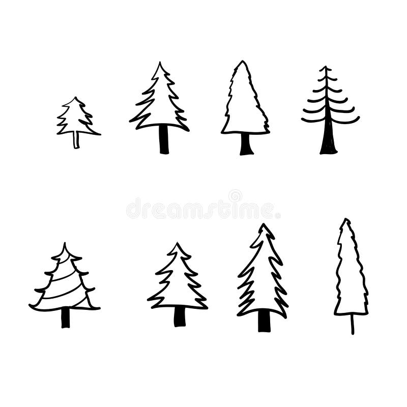 Zestaw ilustracji drzew sosnowych Element projektu dla plakatu, godła, znaku, logo, etykiety z ręcznie narysowanym układem dokują ilustracji Zestaw ilustracji drzew sosnowych Element projektu dla plakatu, godła, znaku, logo, etykiety z ręcznie narysowanym układem dokują ilustracji