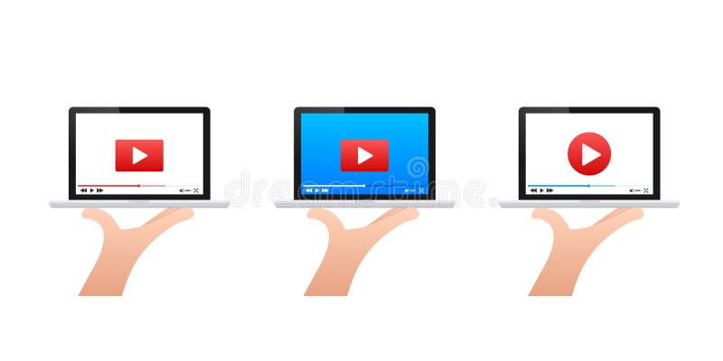 Zestaw ilustracji wektorowych pokazujących laptopy trzymające się za ręce z koncepcją odtwarzacza wideo na ekranie dla odtwarzacza royalty ilustracja