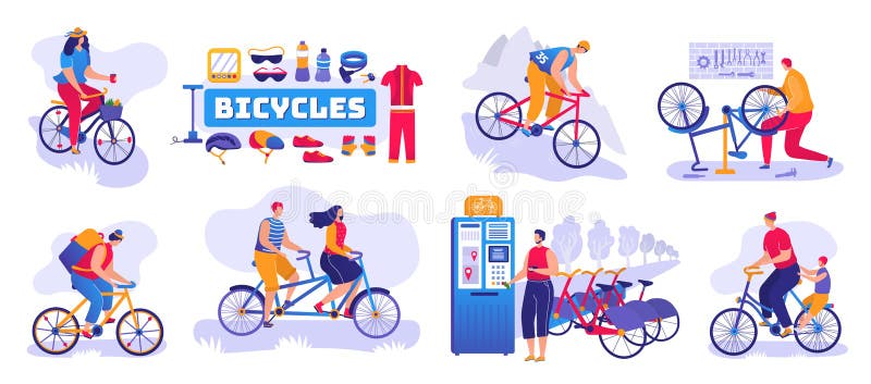 Zestaw izolowanych wektorów rowerowych. serwis warsztatów remontowych rowerów i rowerów. koła ilustracji