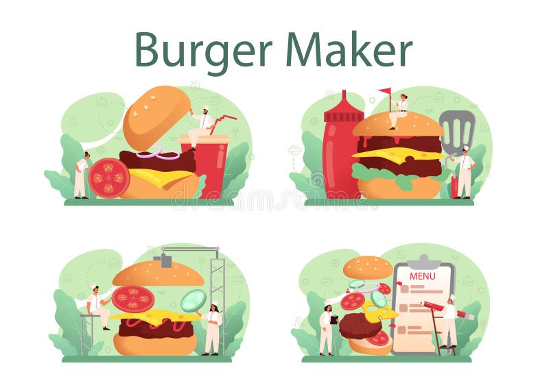 Zestaw koncepcji fast food, burger house Chef kucharz smaczny hamburger ilustracji