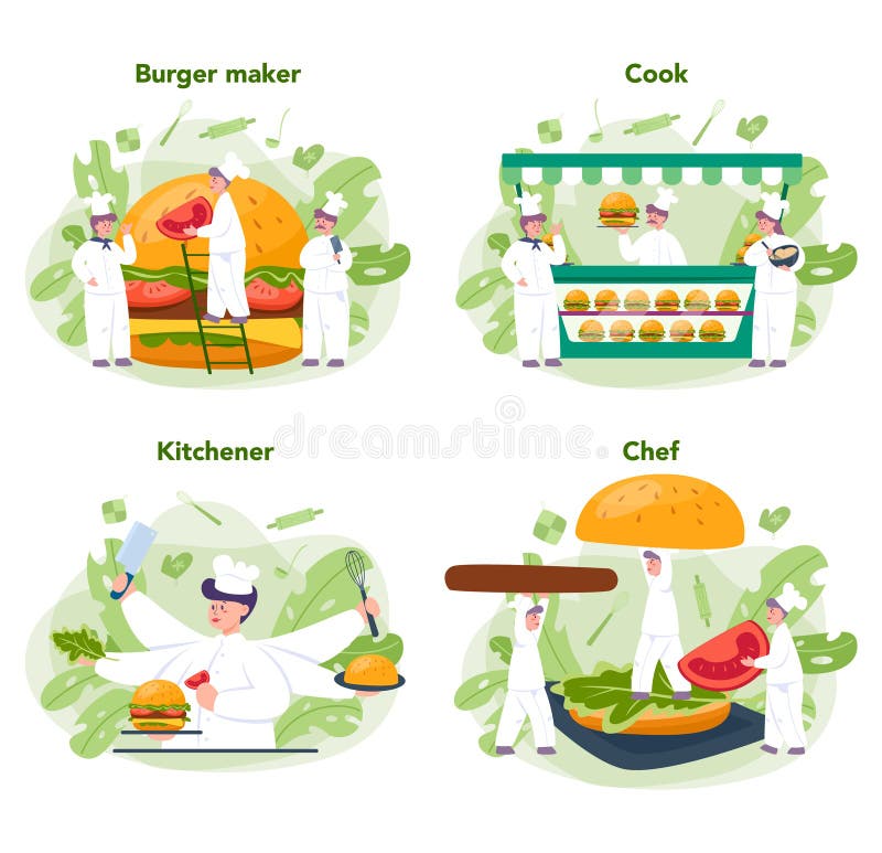 Zestaw koncepcji fast food burger house. szef kuchni smaczny hamburger z ilustracja wektor