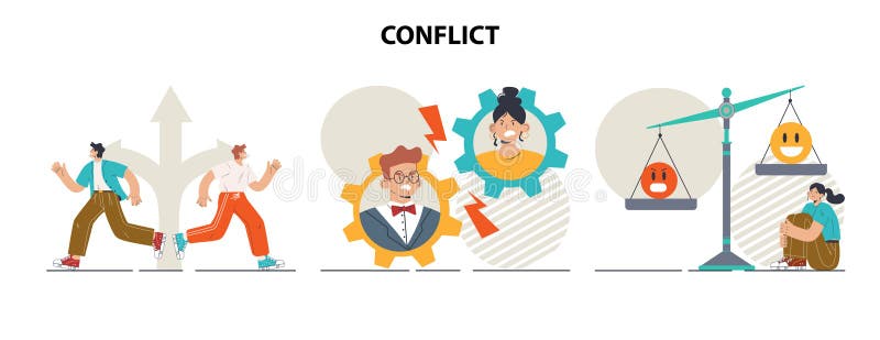 Conflict concept set. Controversy or disagreement between people. Communicative problems and failure. Disagreement on topic, different interests dilemma. Flat vector illustration. Conflict concept set. Controversy or disagreement between people. Communicative problems and failure. Disagreement on topic, different interests dilemma. Flat vector illustration