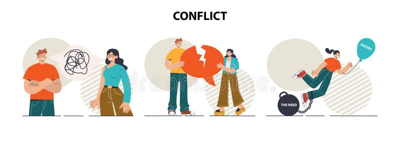 Conflict concept set. Controversy or disagreement between people. Communicative problems and failure. Disagreement on topic, different interests dilemma. Flat vector illustration. Conflict concept set. Controversy or disagreement between people. Communicative problems and failure. Disagreement on topic, different interests dilemma. Flat vector illustration
