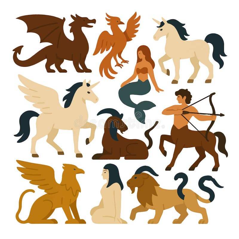 Zestaw legendarnych stworzeń mitycznych w stylu płaskim. Obejmuje smoka jednorożca syrenka centaur phoenix griffin chimera i inne ilustracji