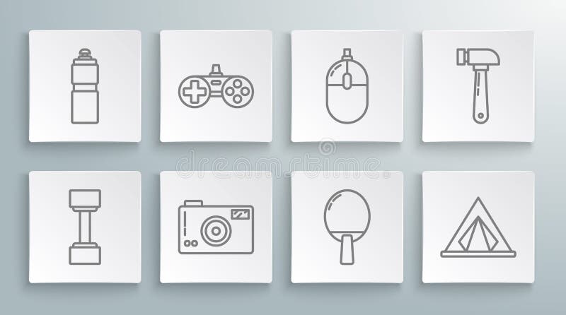 Zestaw line dumbbell gamepad fotograficzny racic do gry w tenisa tenisowego turystyczny namiot komputer mysz młotek i royalty ilustracja