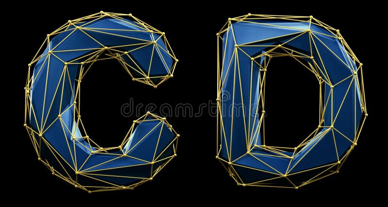 Zestaw liter c d z realistycznego koloru renderowania 3d. kolekcja alfabetów o niskim polarnym stylu wyizolowanych na czarno ilustracji